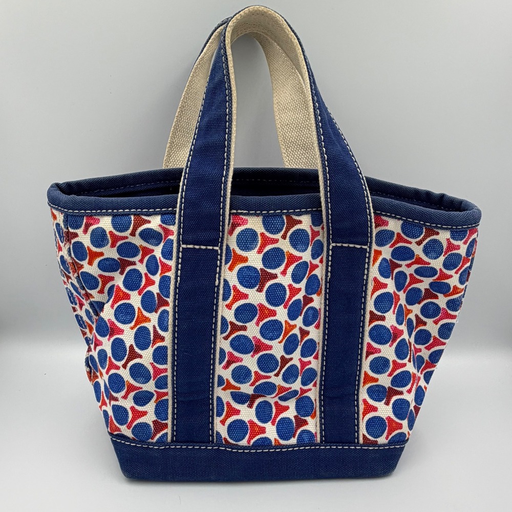 Lands End Canvas Tote Bag Small Zip Top Blue Red Geometric Polka Dot Preppy - Picture 2 of 8